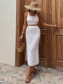 SHEIN Cottnline Hollow Out Cover Up Set With Skirt & Top - White - View 6