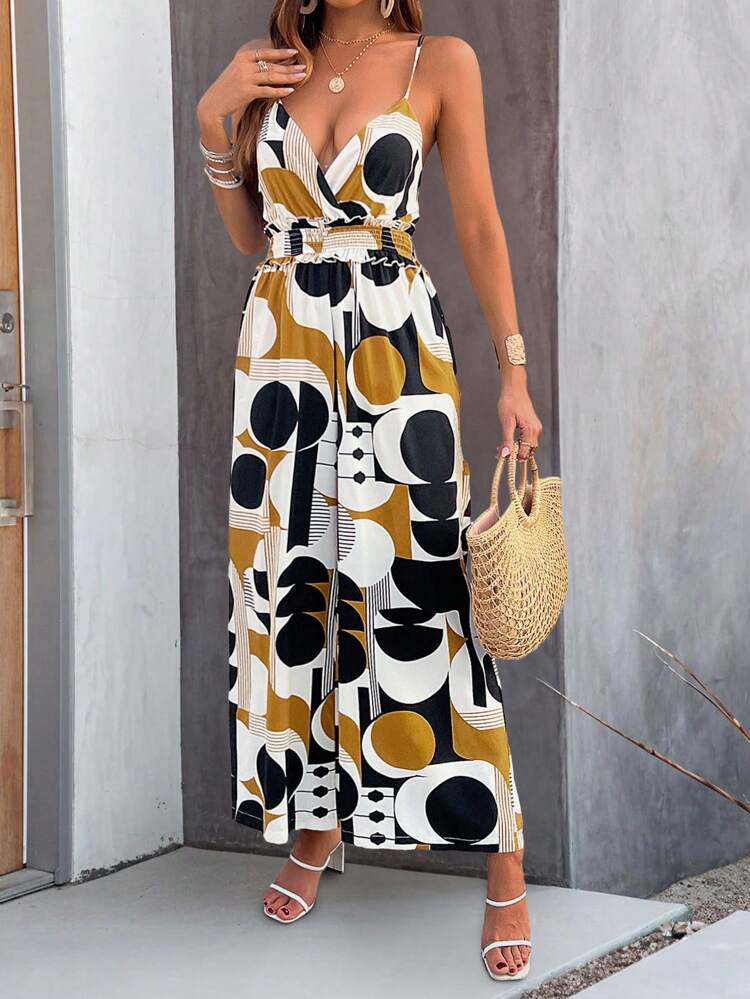 Women's Geometric Printed Halter Jumpsuit With Flounce Hem