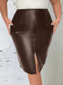 SHEIN Unity Plus Size Women's Solid Color PU Leather Split Hem Below Knee Skirt - Coffee Brown - View 4