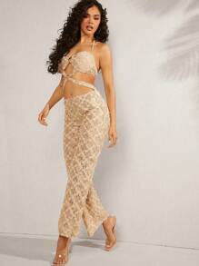 Hauture 花朵貼花圓環鏤空連身褲 - 杏色 - 查看 4