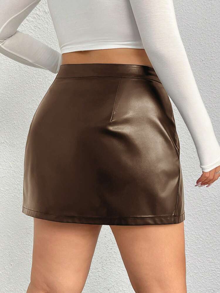 Plus Size Summer Casual Pu Split Skirt With V-Shaped Waist