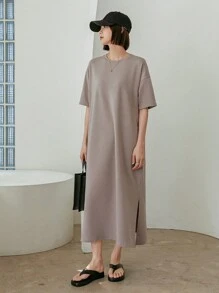 Dazy-Less Vestido casual de verano para mujer con cuello redondo, mangas cortas, hombros caídos y unicolor. Vestido casual y de negocios casual para mujeres
