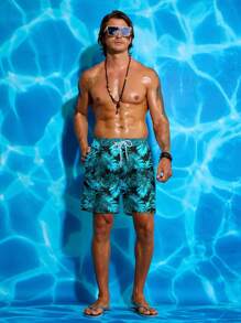 Manfinity VDAYZ Shorts de playa con estampado de hojas y cordón en la cintura para hombre, estilo hawaiano