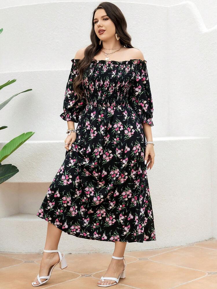 Plus Size Summer Casual Off-Shoulder Floral Print A-Line Dress