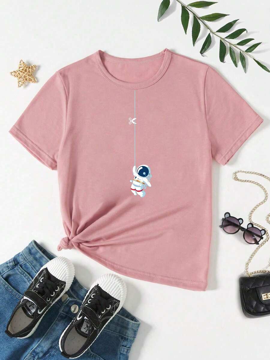 Tween Girl Cartoon Astronaut Print Short Sleeve T-Shirt Summer - Pink - View 1
