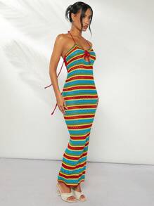 Hauture Women's Summer Colorful Striped Tie Front Hollow Out Halter Neck Cover Up Dress