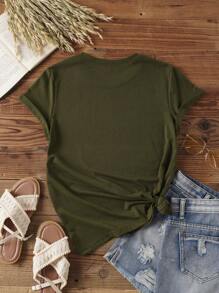 INAWLY Tree Of Life & Moon Printed Short Sleeve T-Shirt For Summer Graphic Tees Women Tops - Army Green - View 2