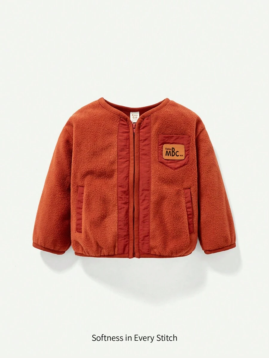 Baby Boy Letter Graphic Zip Up Jacket - Rust Brown - View 1