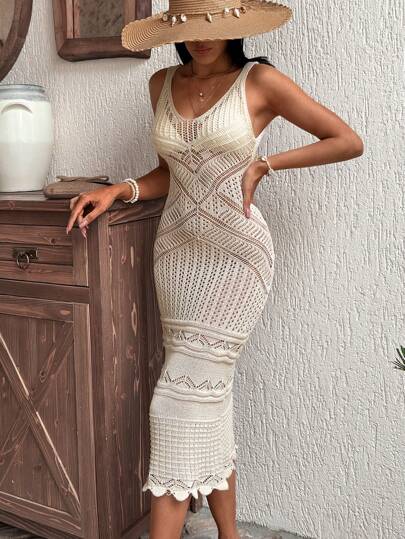 EURMUSE Hollow Out Chevron Detail Cover Up Dress, For Summer Beach Vacation