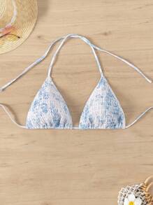 Swim Mod Summer Beach Random Printed Halter Neck Bikini Top - Blue and White - View 2