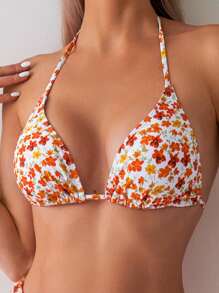SHEIN Swim Women's Ditsy Floral Halter Tie Bikini Set For Vacation, Two Pieces Bikini Set Summer Beach