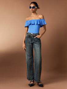 Forever 21 Summer Romantic & Sexy Knitted Off-Shoulder Bodysuit With Ruffled Lotus Edge & Flower Yarn Design