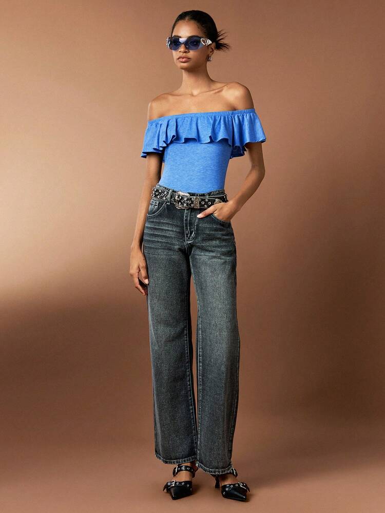 Summer Romantic & Sexy Knitted Off-Shoulder Bodysuit With Ruffled Lotus Edge & Flower Yarn Design