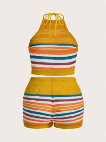 Slaydiva Plus Size Women Holiday Leisure Slim Fit Sleeveless Top & Rainbow Striped Shorts Knitted Set, For Pride Month, Summer