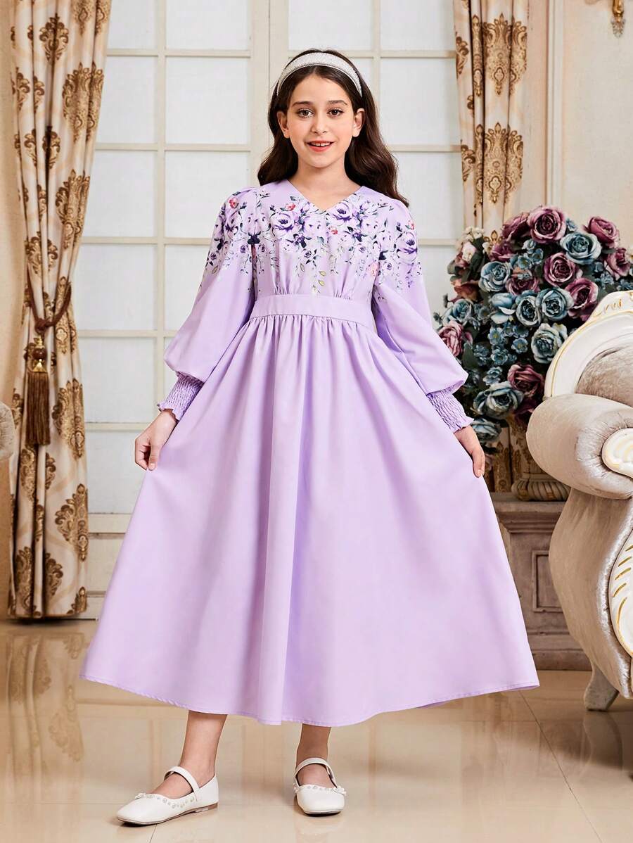 SHEIN 春季少女可愛優雅連體花印長袖長裙 - 紫色 - 查看 1