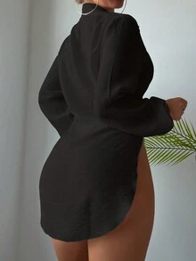 Bonvoyette Summer Beach Solid Split Hem Long Sleeve Button-Front Kimono - Black - View 6