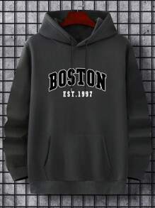 Men's Boston Letter Print Casual Hooded Sweatshirt, Back To School, Autumn/Winter, Long Sleeve Top - Dark Grey - View 7