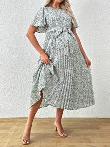 SHEIN Fashionable Printing Pleated Maternity Dress - Blue - View 3