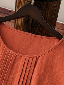 SHEIN LUNE 大尺碼女士條紋寬鬆短袖圓領夏季連衣裙 - 紅木色 - 查看 6