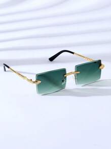 POLASUP 1pc Unisex Serpent-Shaped Metal Frameless Geometric Fashion Glasses With Diamond-Shape Cut Edges, Suitable For Outdoor Travel (Comes With Glasses Case, Cleaning Cloth, And Lanyard) Halloween For Summer Beach Vacation,Outdoor,Travel - 漸層橄欖綠鏡片 - 查看 1