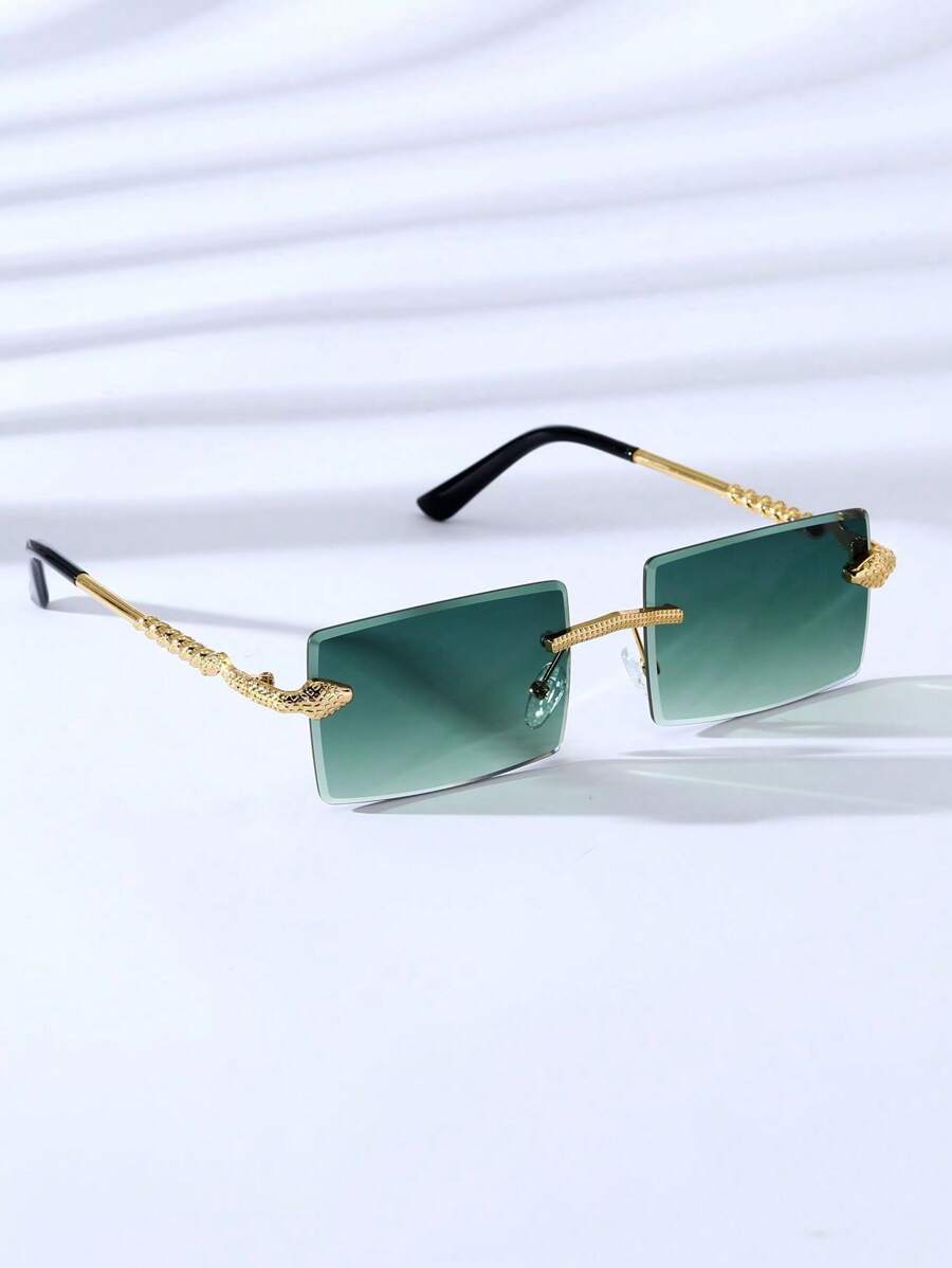 POLASUP 1pc Unisex Serpent-Shaped Metal Frameless Geometric Fashion Glasses With Diamond-Shape Cut Edges, Suitable For Outdoor Travel (Comes With Glasses Case, Cleaning Cloth, And Lanyard) Halloween For Summer Beach Vacation,Outdoor,Travel - 漸層橄欖綠鏡片 - 查看 1