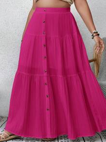 SHEIN VCAY 加大尺碼春夏休閒裙，帶紐扣細節和紋理面料 - 玫紅色 - 查看 5