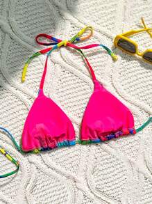 Swim Mod Women Summer Beach Floral Print Vacation Halter Tie Bikini Top