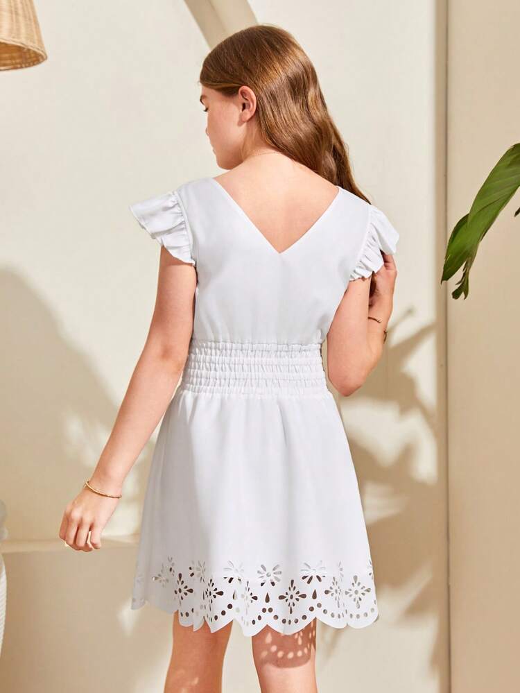 Tween Girls' Vacation & Casual Spring/Summer Solid Color Woven V-Neck Flutter Sleeve Waist Tie Dress