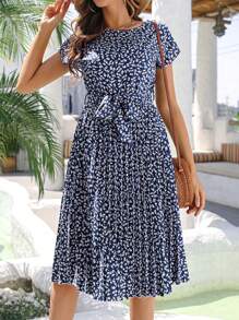 Women's Summer Bohemian Floral Print Batwing Sleeve Dress Tie Waist Ruffle Hem Casual Vacation Maxi Navy Blue Beach Sundress - 藏蓝色 - 查看 5