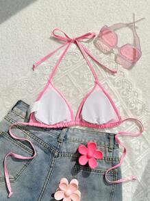 Swim Mod Summer Beach Women's Glossy Halter Swimwear Top - Pink - View 2