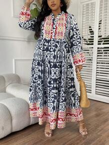 SHEIN Clasi Kích thước lớn Ngày lễ In Nối Cổ chữ V Dài Đầm Với Khe - Màu xanh hải quân - Xem 5