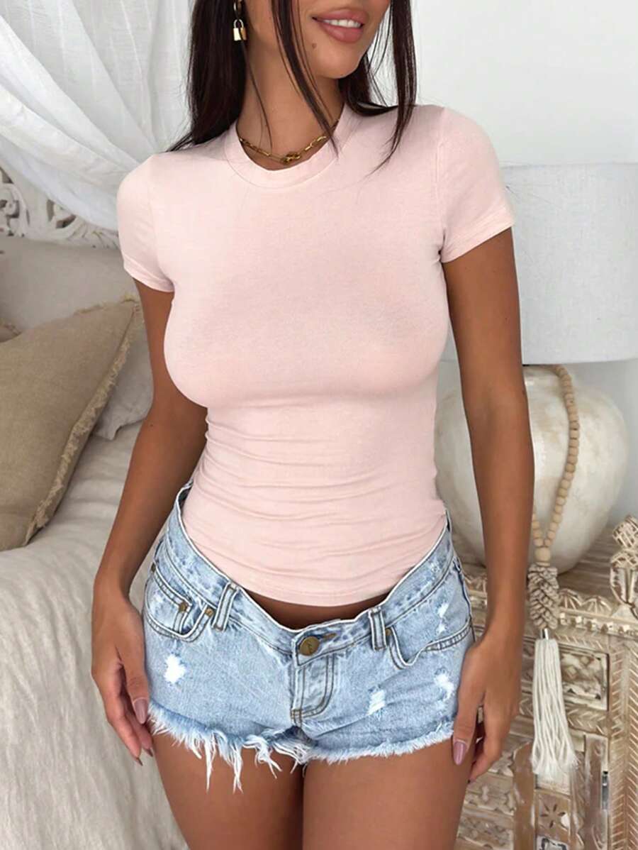 INAWLY Quý cô Màu thuần Thon gọn Áo thun Với Giải trí Và Thiết kế đơn giản Cho mùa hè - Màu Hồng baby - Xem 1