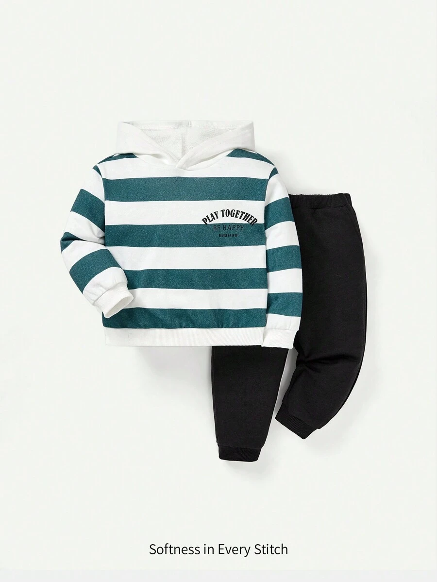 Cozy Pixies Baby Boy Striped Letter Graphic Hoodie & Sweatpants - Black and White - View 1