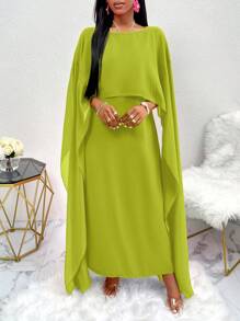 Zolique Elegant Solid Color Batwing Sleeve Dress - Dark Green - View 6