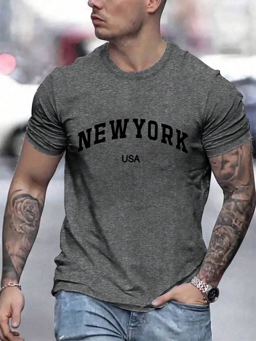 Camiseta informal de manga corta y cuello redondo con estampado de letras para hombres, para el verano - Gris - Ver 1