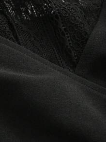 FRIFUL 單色蕾絲拼接泡泡袖t恤,適用於夏季 - 黑色 - 查看 6