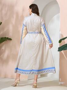 Mulvari Plus Size Striped & Polka Dot Print Long Sleeve Belted Spring & Summer Dress - Multicolor - View 2