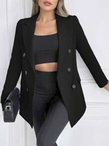 RueChic Lapel Neck Double Breasted Blazer - Black - View 5