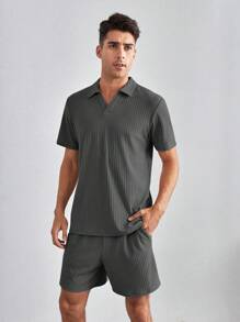 Manfinity VCAY 夏季鬆身男士純色短袖T恤和短褲套裝 - 深灰色 - 查看 3
