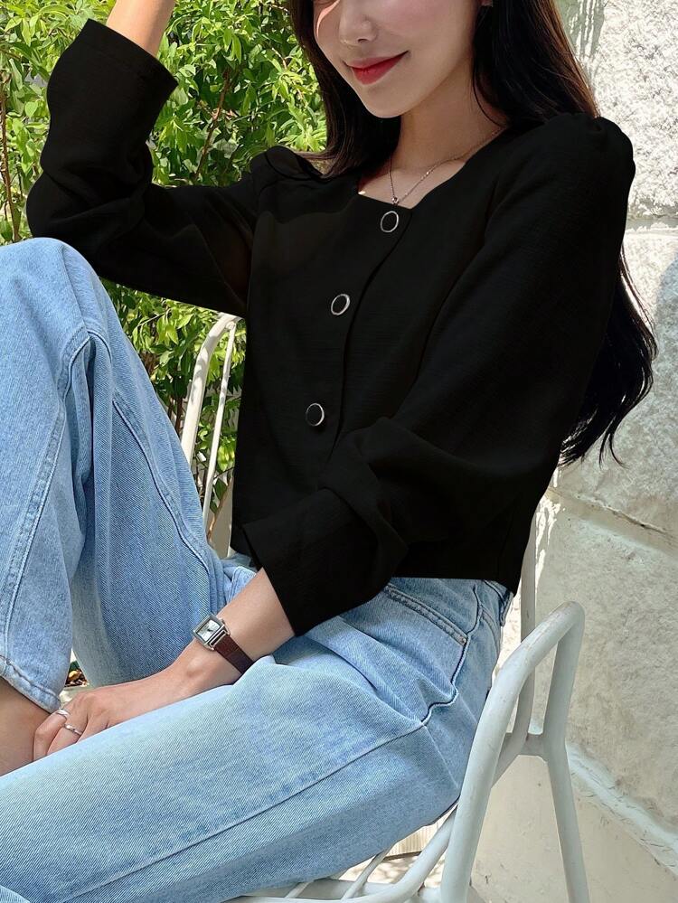 Fitted Business Casual Solid Color Square Collar Long Sleeve Short Women Shirt,Long Sleeve Tops Summer