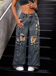 SHEIN ICON 女士時尚性感的破洞口袋設計牛仔褲