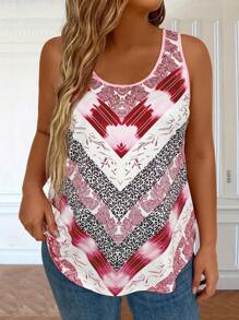 EMERY ROSE 大码女式复古条纹和植物印花宽松圆领背心夏季图案 T 恤女式上衣