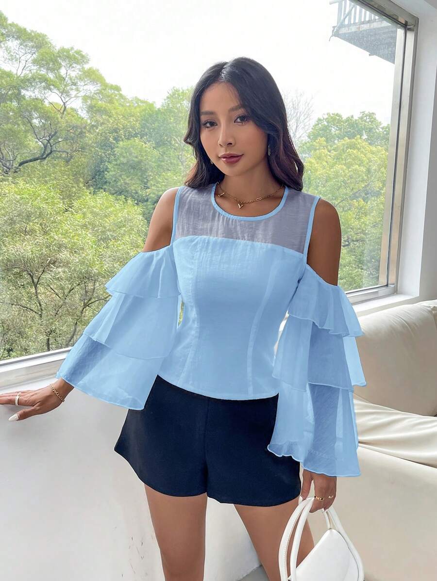 GENKIRA Camisa de manga larga con volantes en dobladillo y en unicolor - Azul - Ver 1