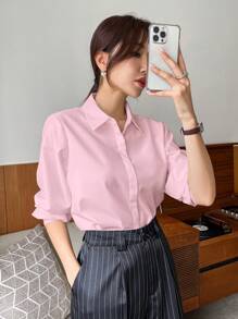 DAZY Business Casual Style Solid Color Collared Fitted Long Sleeve Blouse For Women,Long Sleeve Tops Summer