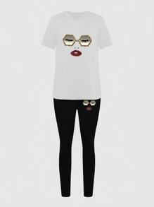 INAWLY 2 cái/bộ Kính Miệng Mũi Mẫu Vòng cổ Ngắn tay Áo thun Và Dài Quần , Gợi cảm Phong cách - Nhiều màu - Xem 4