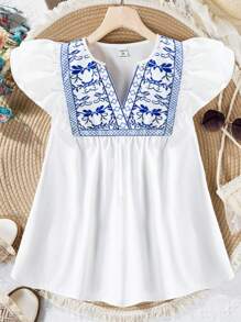 SHEIN Teen Girl Vacation Style Printed Notched Collar Ruffle Armhole Blouse