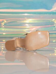 Ladies Chunky High Heeled Square Toe Silver Sandals With Rhinestone For Spring, Summer And Autumn Fashion - Silver - View 2