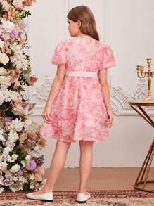 SHEIN Leap Crew Tween Girl's Gorgeous & Bubble Sleeve Floral Embroidered Dress With Waist Belt, Spring/Summer - Pink - View 2
