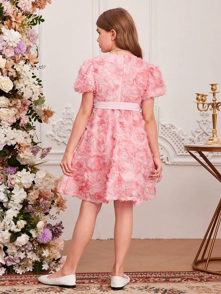 Tween Girl's Gorgeous & Bubble Sleeve Floral Embroidered Dress With Waist Belt, Spring/Summer