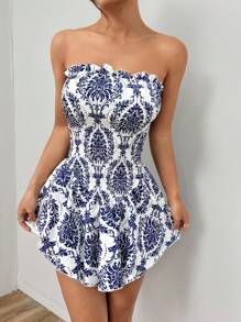 SHEIN Unity Bộ áo liền quần không dây in hình cây theo phong cách kỳ nghỉ thanh lịch và gợi cảm dành cho nữ cho mùa hè - Màu xanh lam - Xem 5